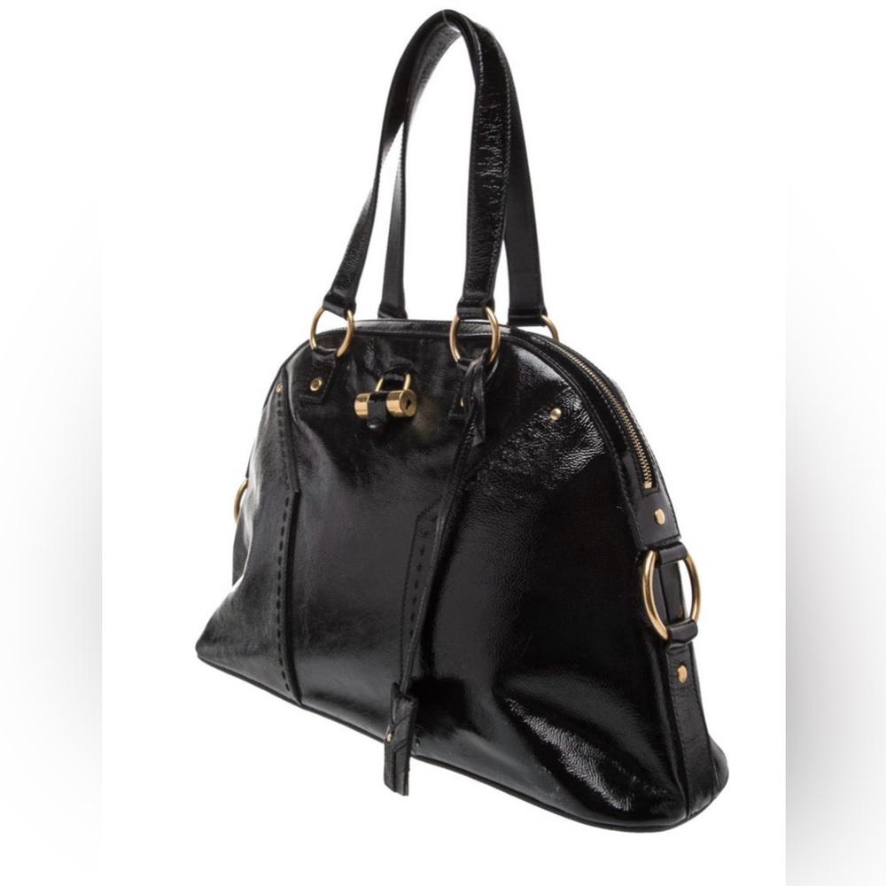 Yves Saint Laurent Shiny Black Shoulder Bag with Gold Details